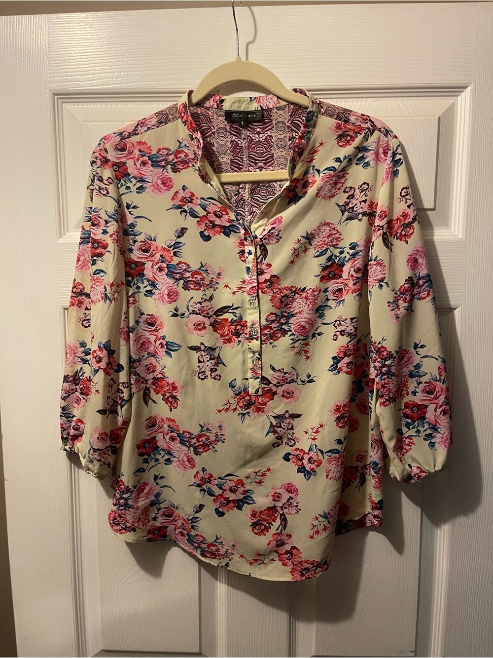 Floral Henley Blouse in Cream with Pink & Blue Flowers